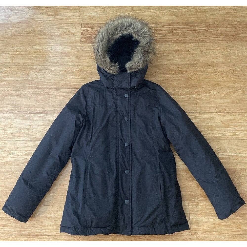 Vintage GAP Black Down Parka Womens S Y2K Faux Fur Removable Hood SS2004